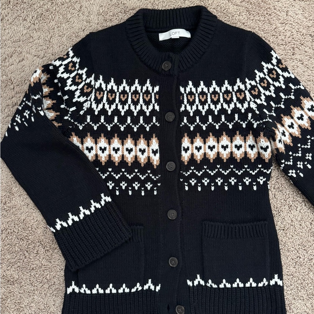 LOFT Black Fair Isle Cardigan with Cream and Brown Accents
